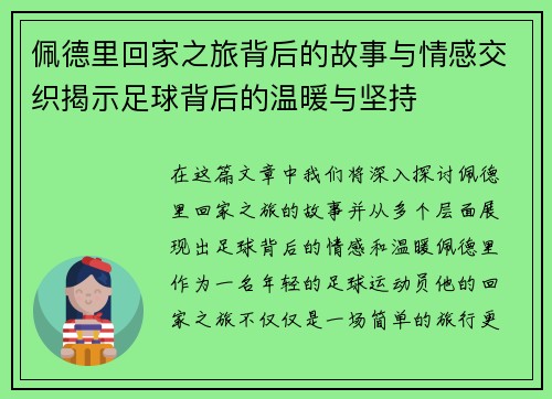 佩德里回家之旅背后的故事与情感交织揭示足球背后的温暖与坚持